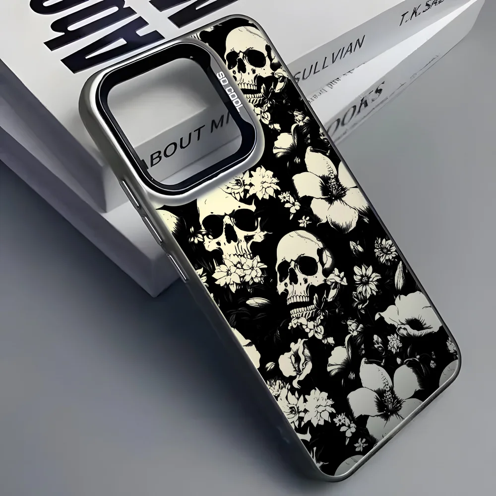 

Skull Rose Phone Case For iPhone 16 15 14 13 12 11 Pro Max Black Matte Multicolor Laser Metallic Aurora Cover