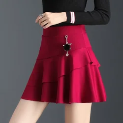Women's Knitted Red Korean Style Short Hip Skirt Urban Commuter OL Style High Waist Ruffled Chic Fishtail Skirts