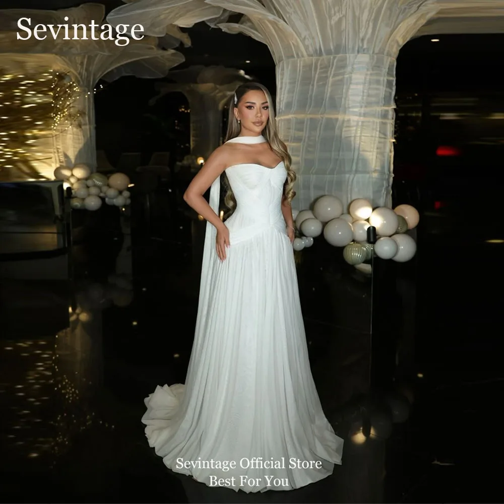 Sevintage Elegant Chiffon Evening Dresses A-Line Sleeveless Shawl Long Bridal Gowns Pleated Formal Prom Gowns Women Customized