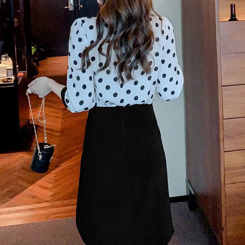 Polka Dot Chiffon Shirt Women\'s Clothing 2023 Spring Summer Bow Lacing Loose-fitting Three Quarter Sleeve Color Block Blouses