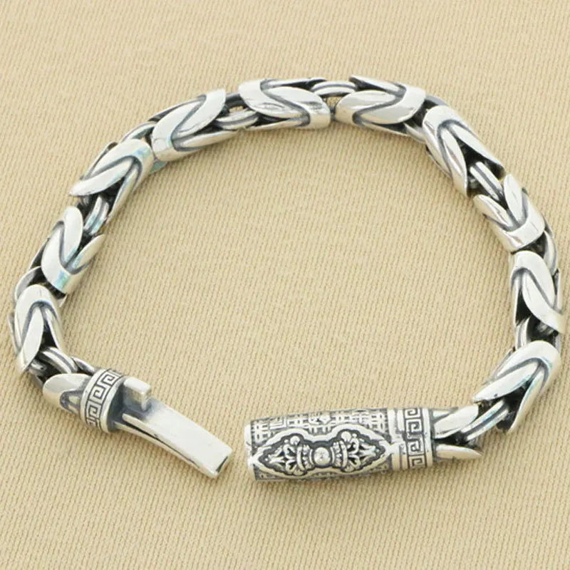 

S925 sterling silver six character mantra diamond pestle woven safety pattern bracelet, men's retro ethnic style retro pattern s