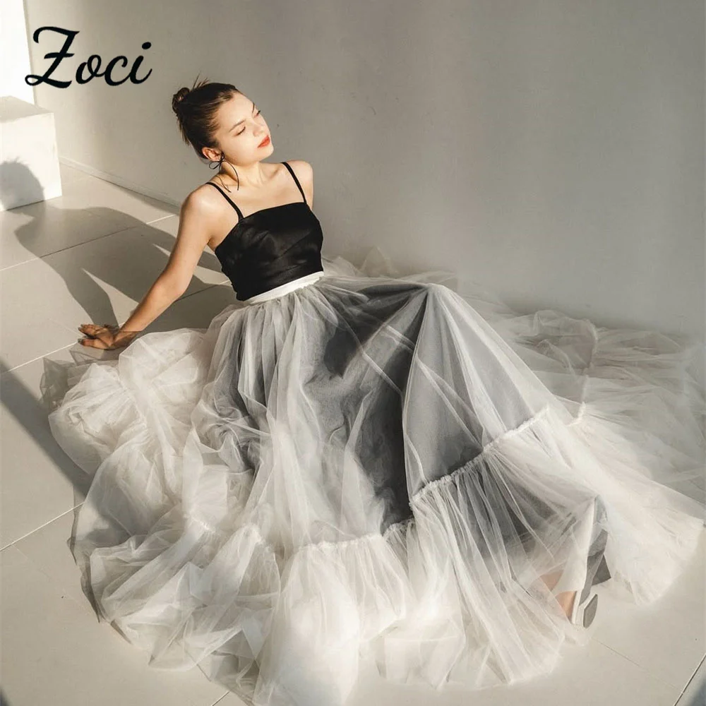 

Zoci Simple Black White Korea Wedding Party Dresses Spaghetti Straps Bride Photos Shoot Dress Customized Corset Formal Gown