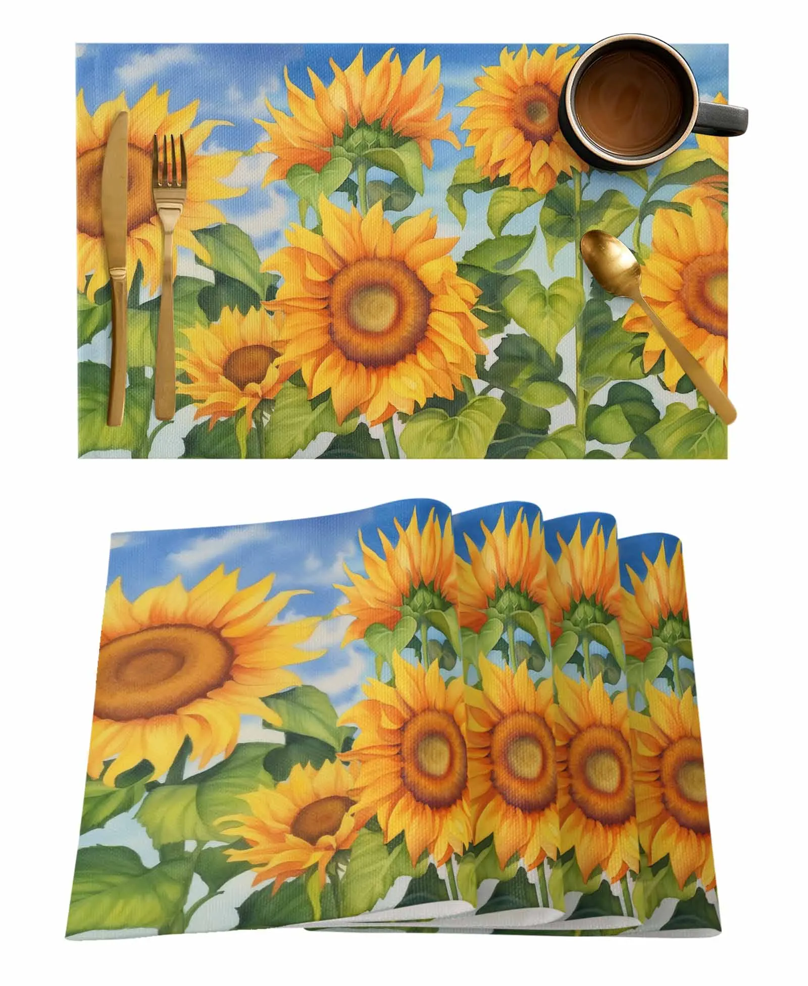 Flower Illustration Sunflowers Summer Retro Kitchen Dining Table Decor Accessories 4/6pcs Placemat Heat Resistant Tableware Mat