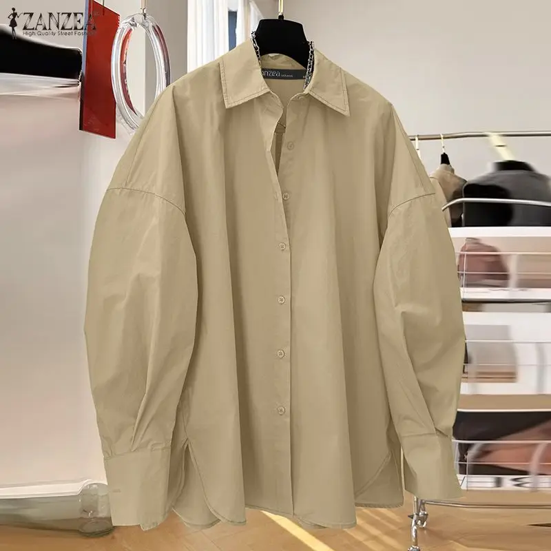 

Женская рубашка ZANZEA с асимметричным подолом цвета хаки, уличный стиль, отложной воротник, рукава-фонарики, свободная, на пуговицах, топы для женщин, размеры S-3XL