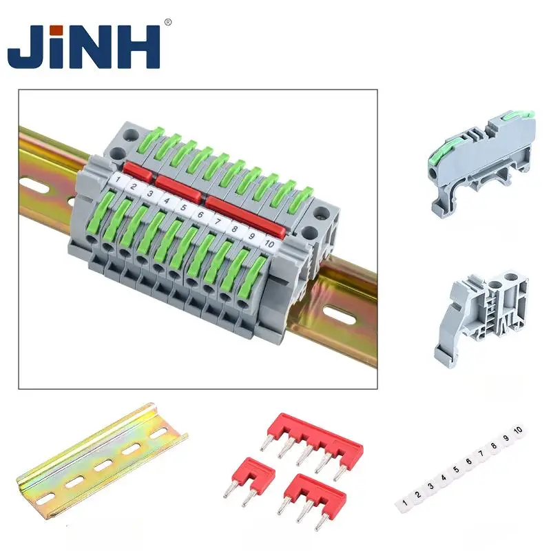 JINH Green Lever Rail Connector 10 Pcs CMK420 DIN Mount Quick Splice Hub with Built-In Marking Strip for Electronics