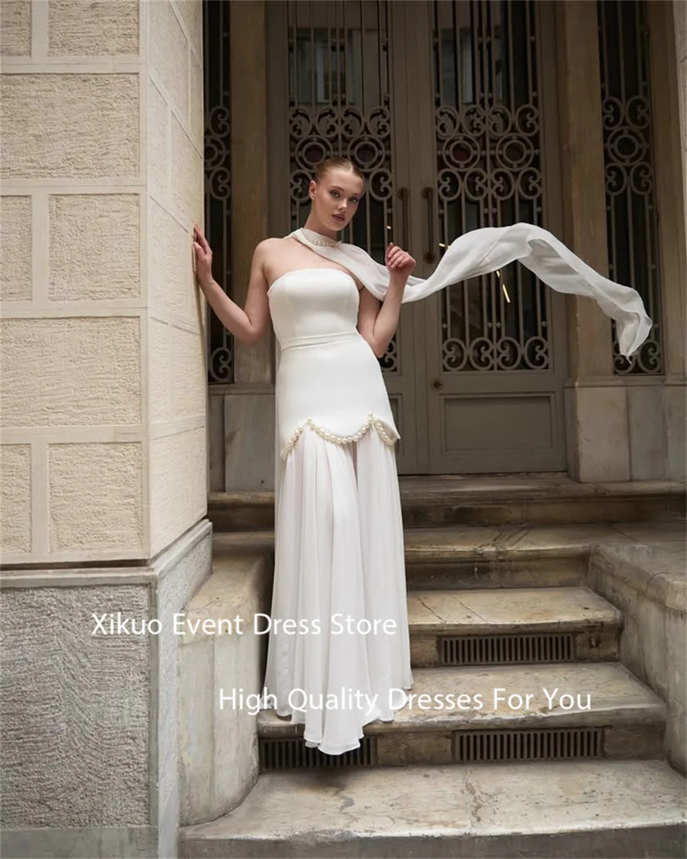 Xikuo Gaun Malam Merah Muda Dipangkas Mutiara Gaun Dansa Pesta Pita Tipis Gaun Prom Punggung Berenda A Line Tanpa Tali Disesuaikan