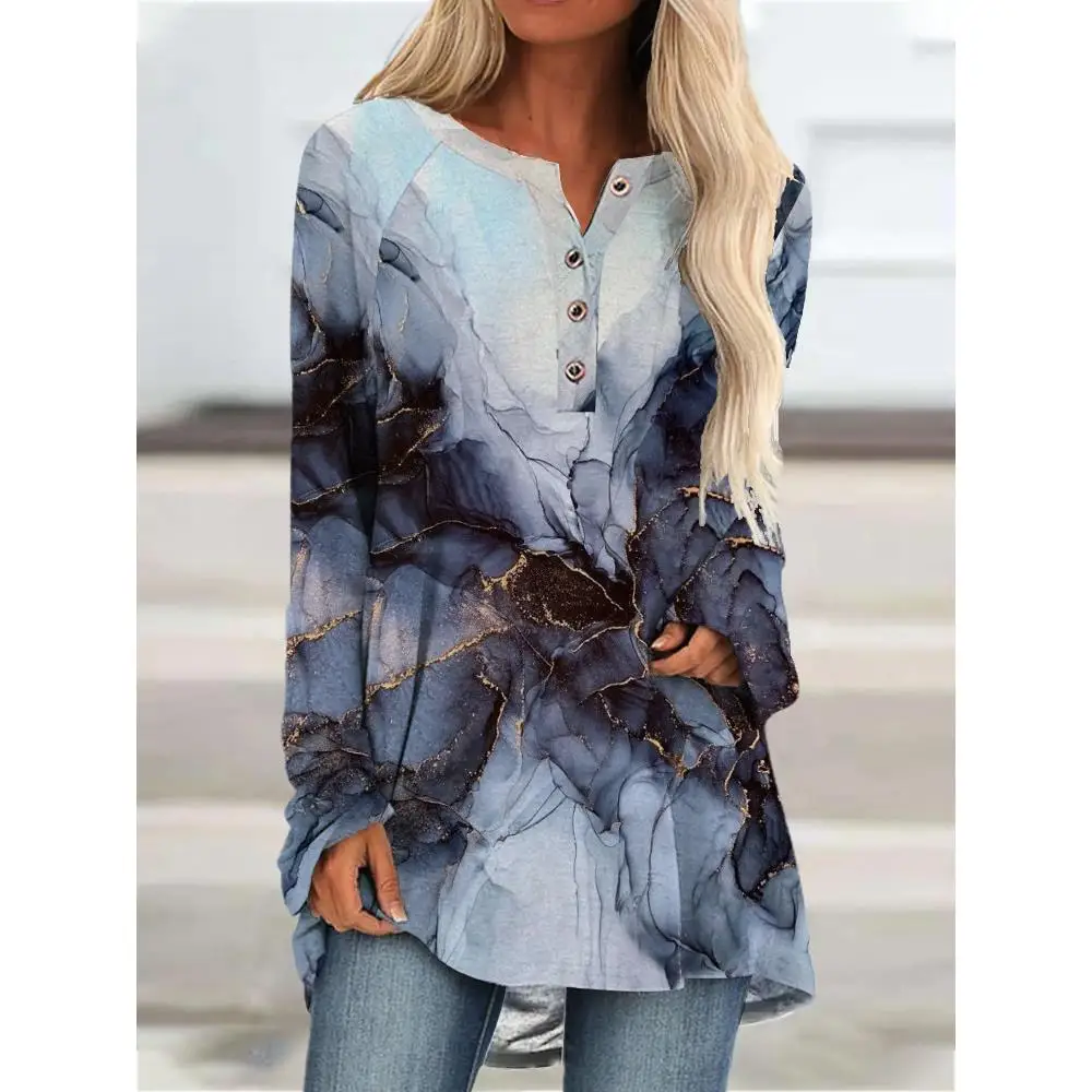 

Faionable Women's Long Sve V-Ne Printed T-irt Spring New Sle Street Sle Loose Fit Polyester Busin Casual