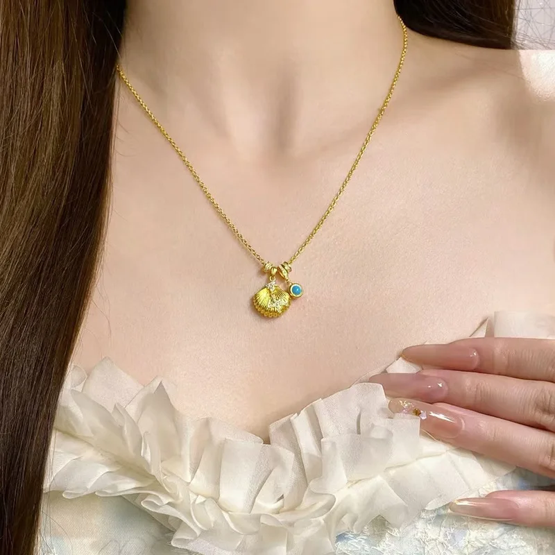 Resort Style Small Round Brand 9999 24K Real Gold Starfish Shell Necklace Niche Exquisite Running Ring High-end Gentle Clavicle
