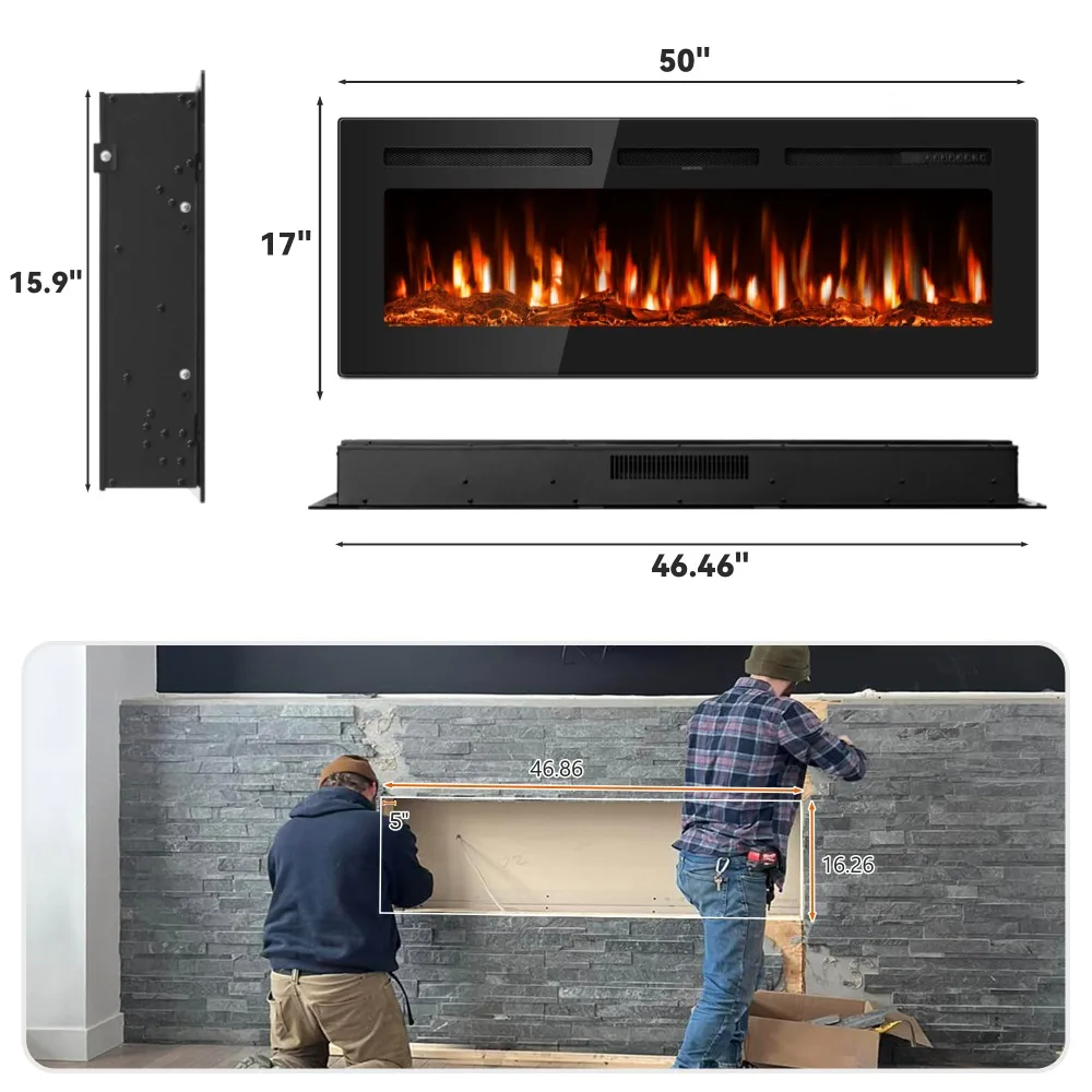 50 Inch Electric Fireplace in-Wall Recessed and Wall Mounted with Remote Control, 750W/1500W Thin Wall Fireplace Heater