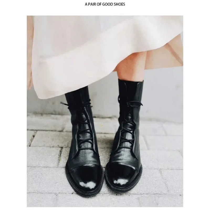 New Women Shoes Pu Leather British Style Lace-Up Flat Mid-Calf Shoes Pointed Toe Boots Handsome Motorcycle Boots Women Boots