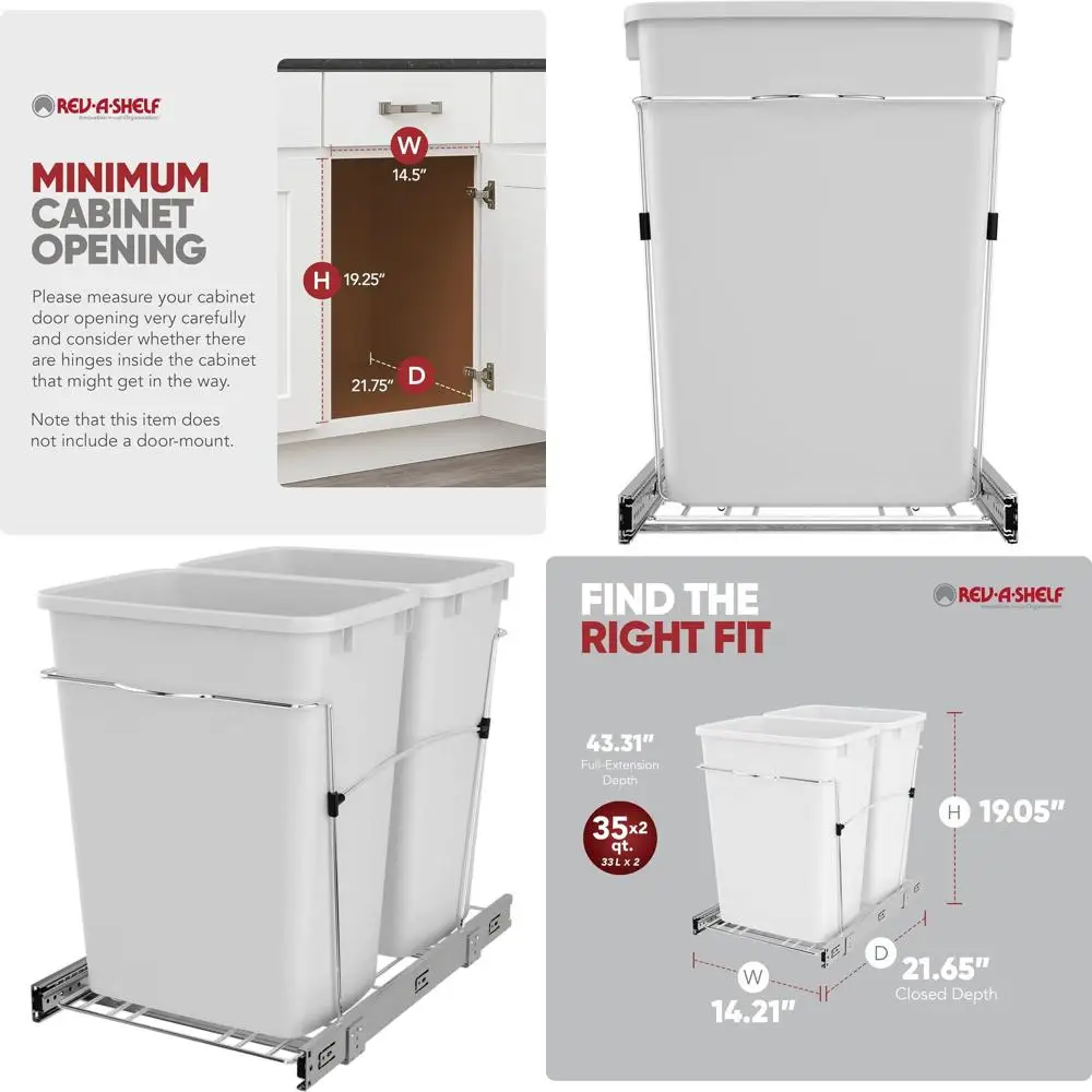 

18KD-11C S Double Pullout Trash Can, 35 Qt Kitchen Cabinet Garbage Recycling Bin with Full-Extension Slides, White