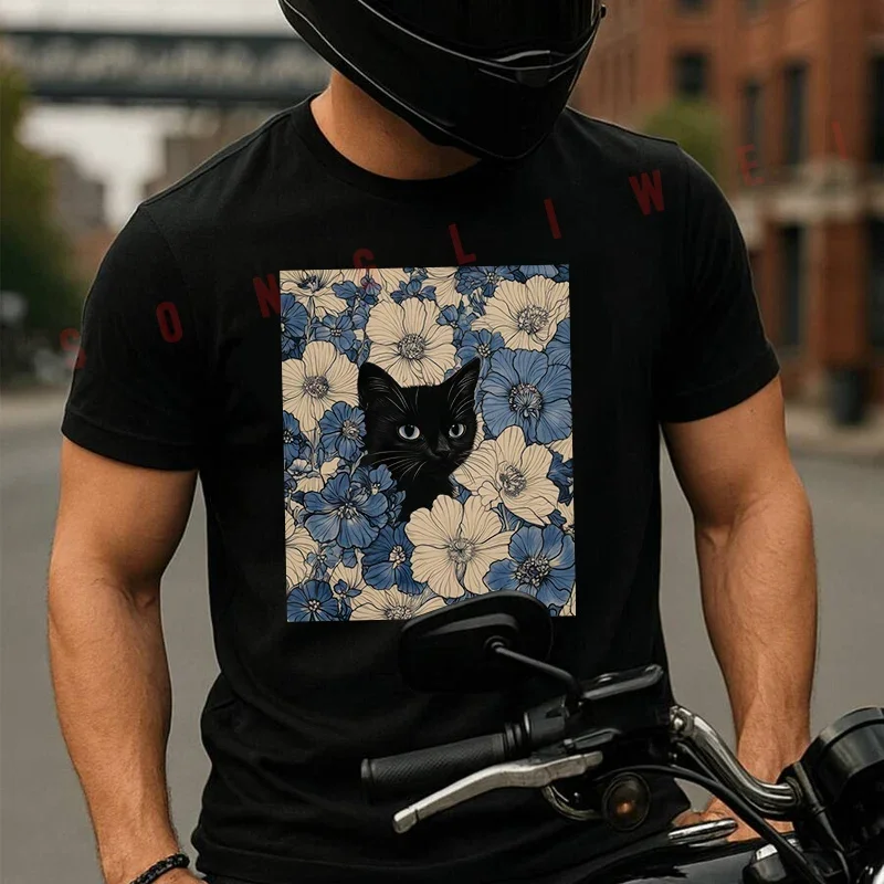 

Motorcycle Cat In The Flowers Cat And Flowers Pattern Print T-Shirt Cotton Men Summer TShirts Casual Short Sleeve Tees