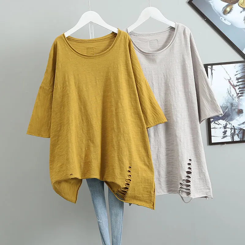 

Solid Cotton Women T-Shirts Summer Vintage 2023 Loose Hole Short-Sleeved Casual Female Pulls Tops Tees