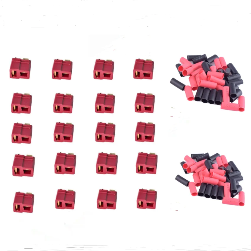 2/5/10 Pairs 20Pcs Red Non-slip Deans 2 Grips T Style Plug Connector Male Female with Heat Shrink for RC Lipo Battery ESC Motors