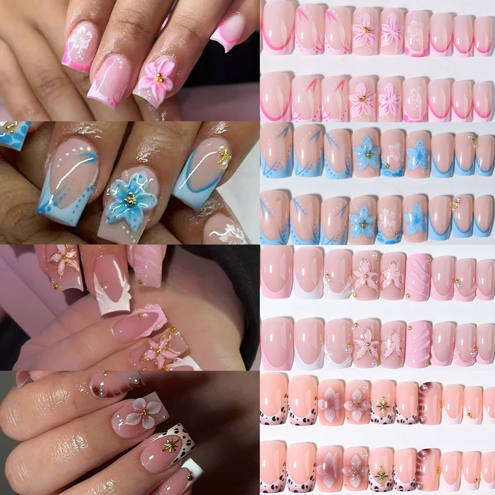 96Pcs(4Mixed) Square shape Nails 3d gel Flower Design French Acrylic Press On Nails
