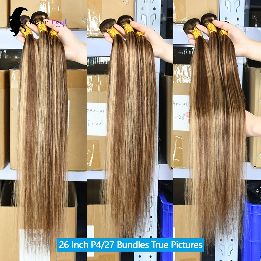 P4/27 Highlight Bundles Human Hair 22 24 26 Inch Straight Brazilian Raw Human Hair Bundles Brown Colored Remy Hair Extensions