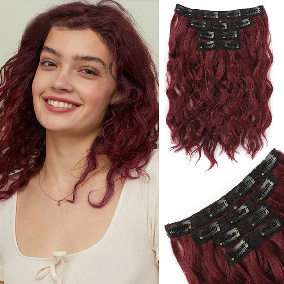 short curly Synthetic Burgundy 4-piece set of water ripple hair extension wig clip in woman's clip hair accessories hairpiece