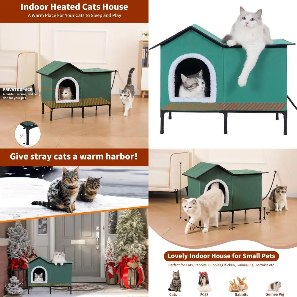 

Green Insulated Outdoor Cat Shelter for Winter - Large Warm Home for Stray Cats