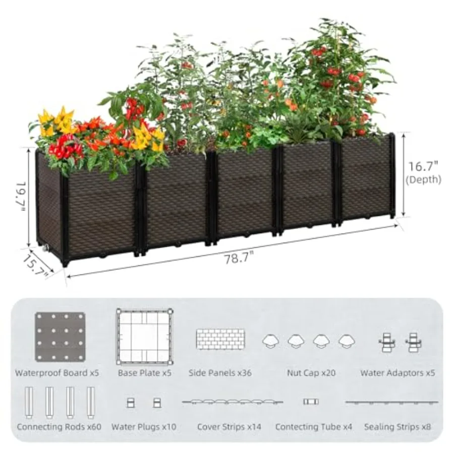 Outdoor self-watering raised planter box for patio, balcony, deck; cedar wood; natural brown; deep 19.7-inch height with draina view 5