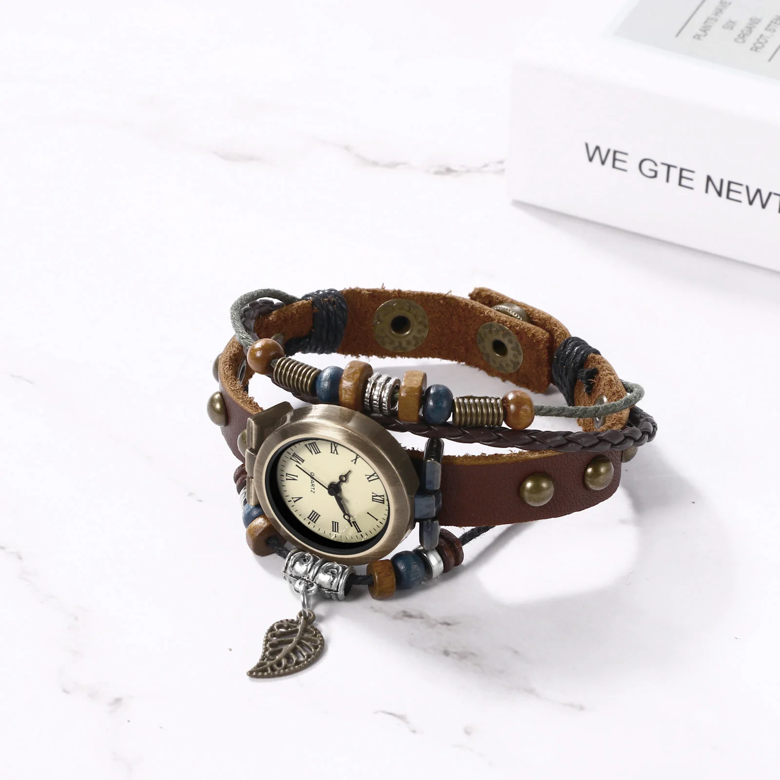 Lancardo Vintage Braided Leather Wrap Analog Quartz Watch Leaf Wing Charm Bracelet Wristwatch Women Ladies Female Clock Gift