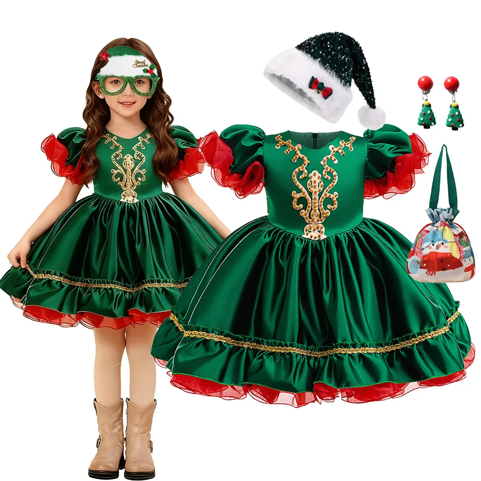 

Платье для рождественской вечеринки для девочек, зеленое атласное пышное платье принцессы с золотой вышивкой и v-образным вырезом, праздничный торжественный наряд, рождественское платье