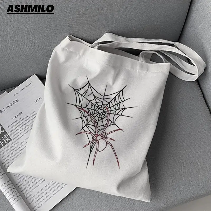 Kawaii Y2k Spider Web Canvas Tote Bag Eco Shopping Bag Shoulder Bag Women Female Foldable Shopper Bag