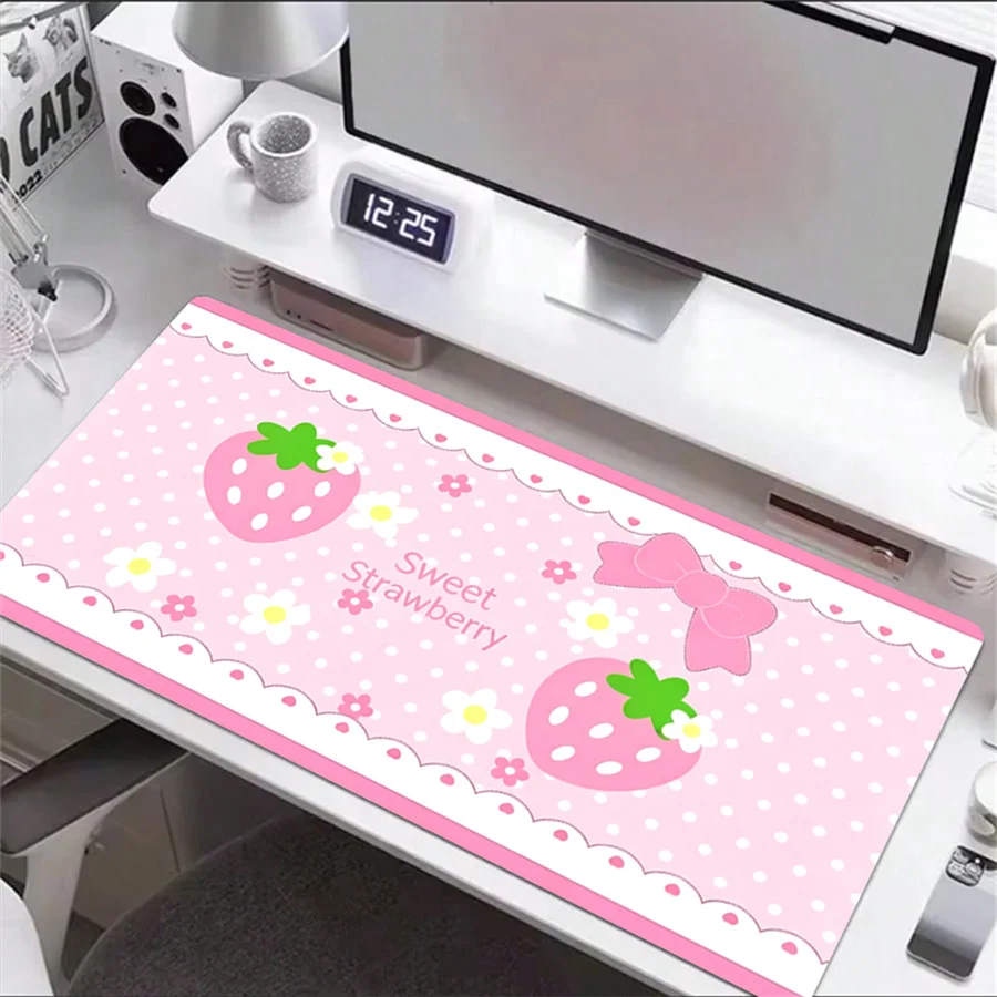 1pcs Cute Y2K Pink Moonflower and Strawberry Leather Desk Carpet with Loop, Waterproof and Non-Slip PU Desk Pad for Office Desk