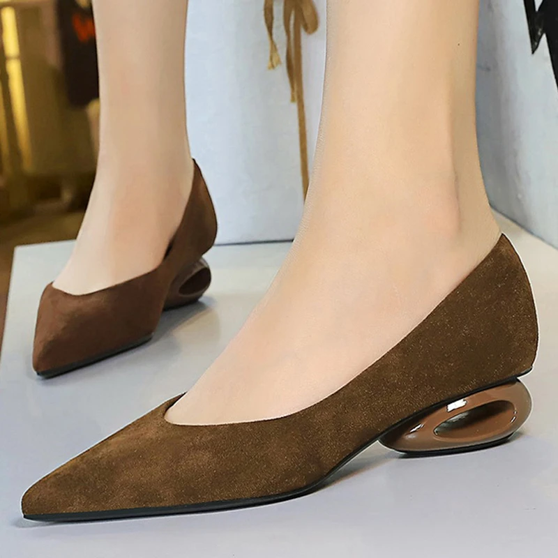 BIGTREE Shoes Low Heeled Women's Shoes Hollow Out Women Pumps Pointed Tip Luxury Banquet Shoes Suede Office Shoes Women Heels - view 5
