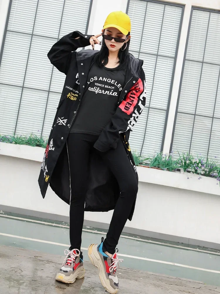TPJB Graffiti Trench Coat Girl New Military Outwear Woman Cartoon Print Female Winderbreaker Black Overcoat For Women Clothing