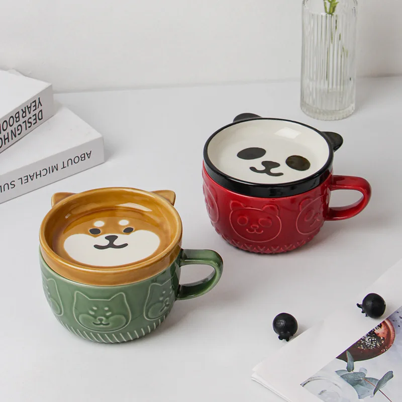 220ML Mug Japanese Shiba Inu Ceramic Coffee Cup Saucer Cartoon Animal Breakfast Milk Cup Embossed Coffee Cup Afternoon Tea Suppl