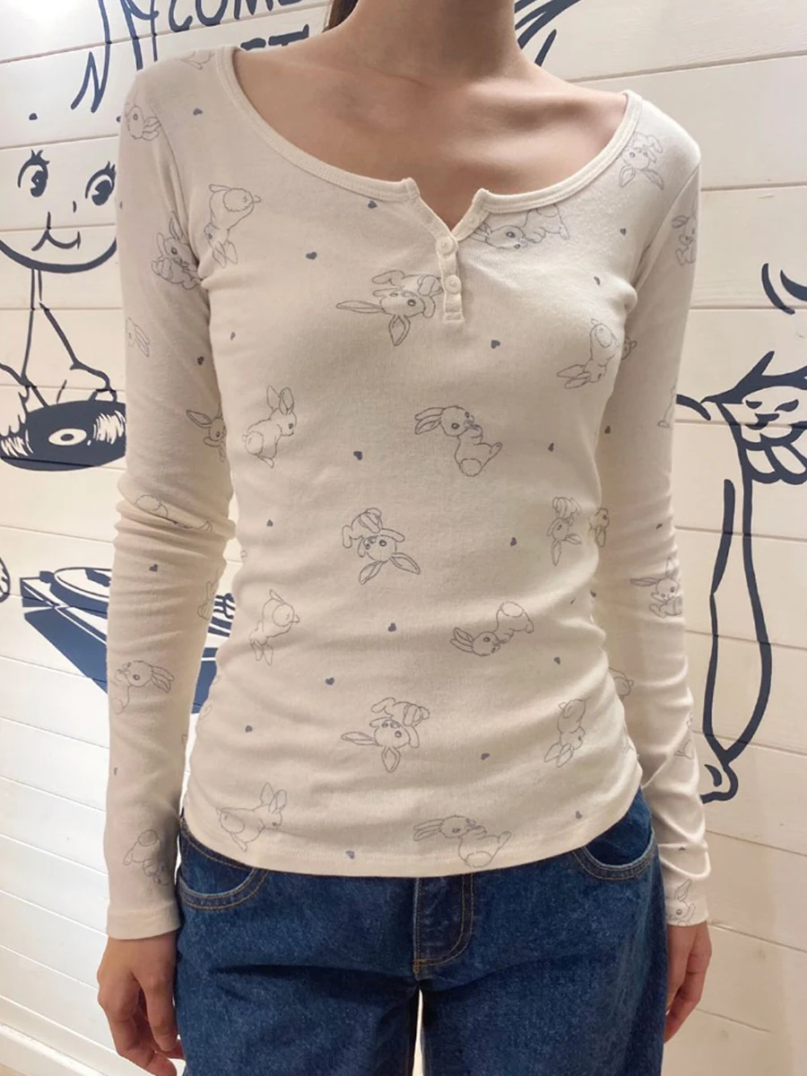 

Cute Bunny Print Long Sleeve T-shirt Women Three Buttons Crew Neck Cotton Slim Casual Sweet Vintage Y2k Tops T-shirts Autumn New