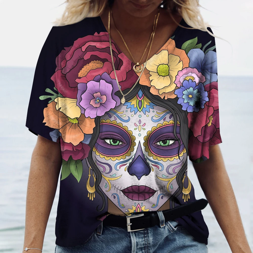 Funny 3D Skull Print T Shirt For Women Summer Hot Sale Short Sleeve Tops Fashion V-neck Women\'s T-Shirts Casual Loose Female Tee