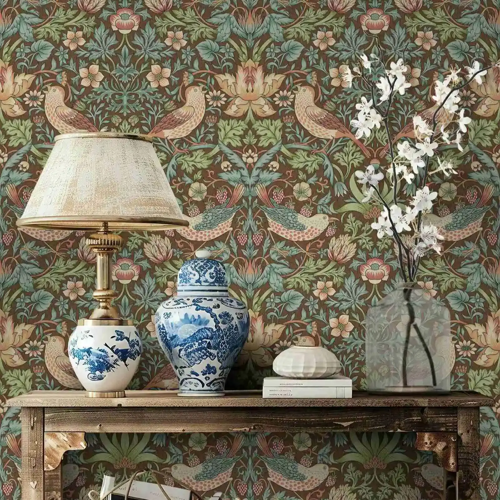 Strawberry Thief Wallpaper By William Morris, Vintage Floral Wall Mural Peel and Stick,Or Tradition Un-paste,Home Decor Wall Art