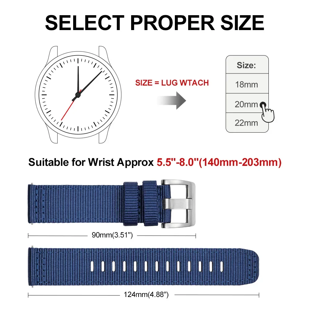 حزام نايلون رياضي عسكري سريع الإصدار 20/22 ملم - حزام قماش منسوج لساعة أوميغا، لساعة هواوي جي تي (رجال)