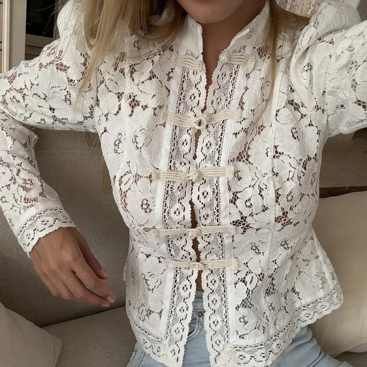 Solid Lace Printed Patchwork Shirts Women Fashion Hollow Out Button See-through Blouse Lady Summer Commute Retro Streetwear