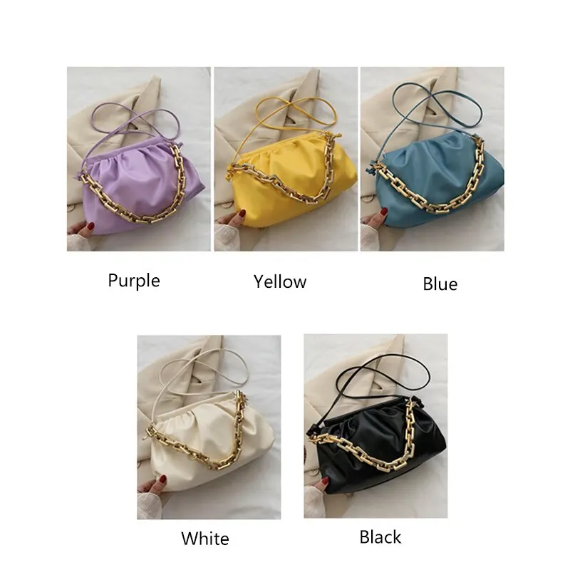 Women New Fashion Soft Clouds Pleated Satchel Chain Carrying Temperament Small Shoulder Bag Solid Color Simple Crossbody Bag