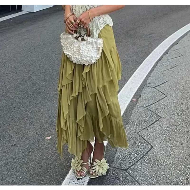 

Винтажная плиссированная однотонная зеленая элегантная женская длинная юбка, модная коллекция Лето 2026, А-силуэт, с эластичной талией, складками, шикарная женская юбка