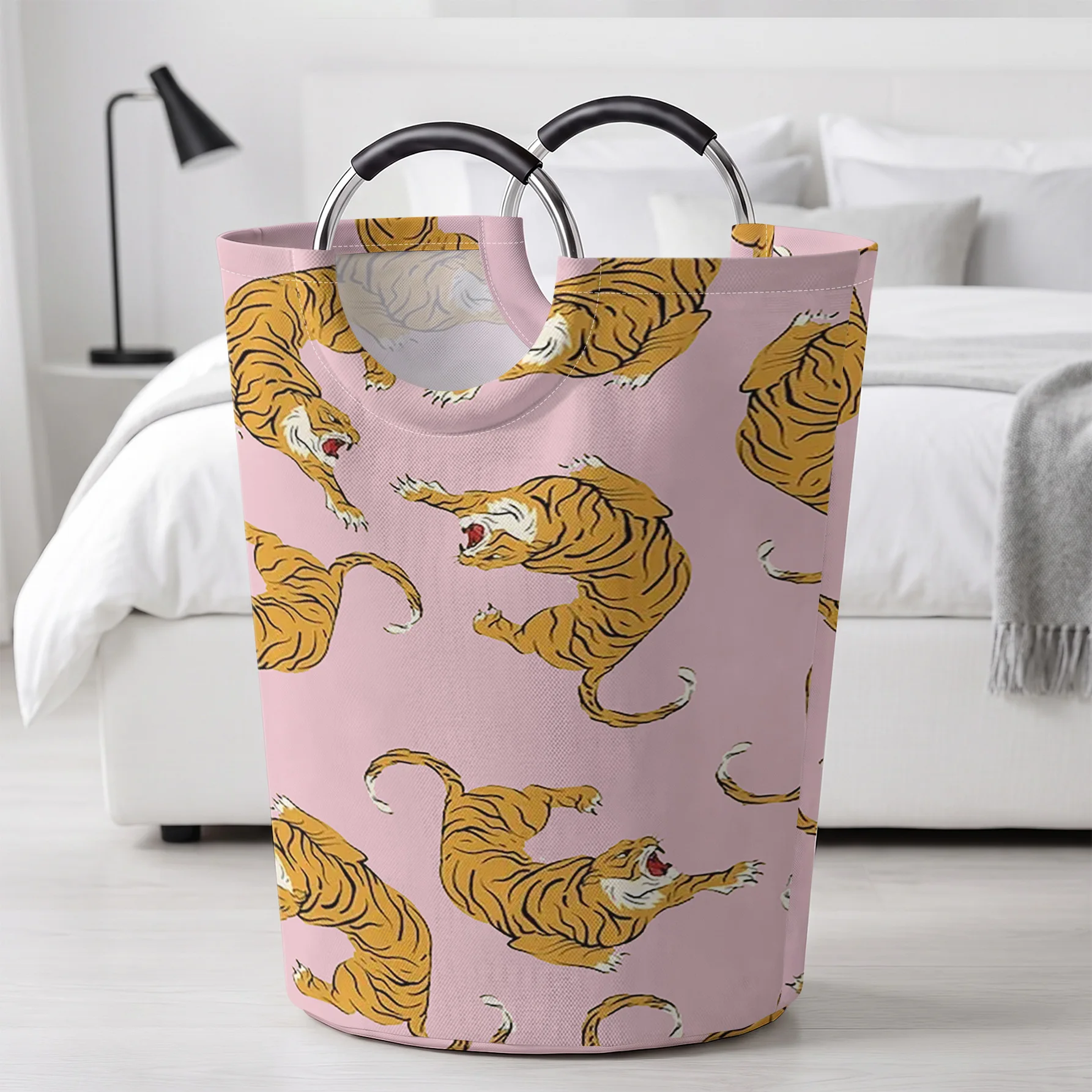 Pink Background Vintage Tiger All‑Over Print Handheld Storage Basket, For Laundry, Bedroom & Home Sundries Storage