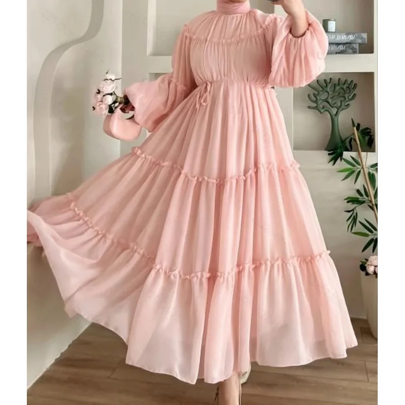 Robe musulmane du moyen-orient pour femmes, couleur unie, décontractée, tendance, élégante, ample, col rond, manches lanternes, avec ceintures, nouvelle mode 2025