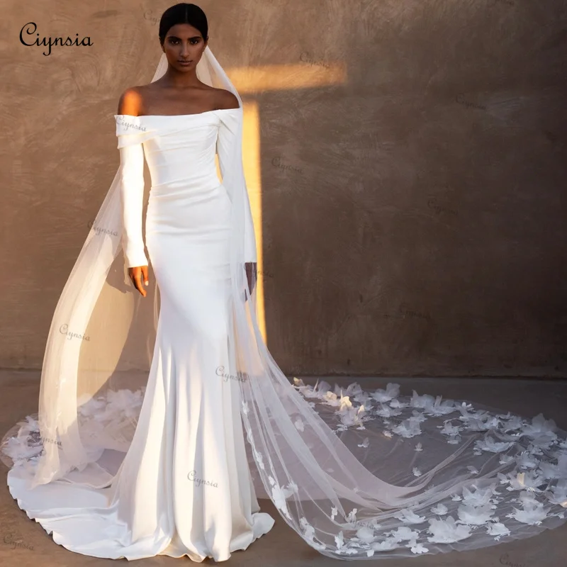 Ciynsia Customized Mermaid Wedding Dresses with Lace Veil New 2025 Ivory Strapless Full Sleeve Bridal Gowns Vestido De Novia