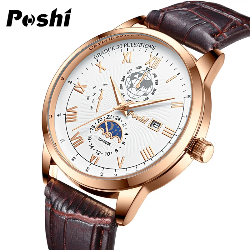 POSHI Top Brand Mens Watches Fashion Classic Quartz Wristwatch Luxury Calendar Week Display Man Watch Original Chronograph Clock