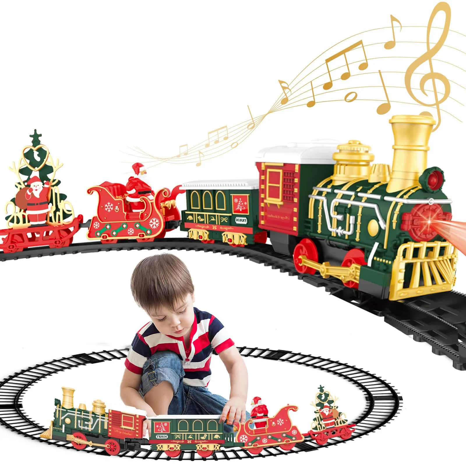 คริสต์มาสไฟฟ้าขนาดเล็กรถไฟชุดของเล่นคลาสสิกรถรางพร้อมไฟและเพลง DIY ASSEMBLY ของเล่นเด็กเด็กใหม่ปีของขวัญ