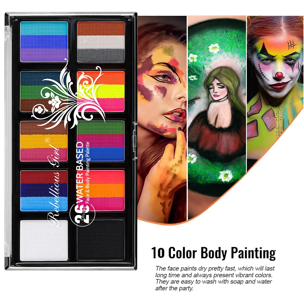 26 Colors Water Based Face Body Painting Palette UV Fluorescent Glow Paint Water Activated For Halloween Festival Stage Makeup