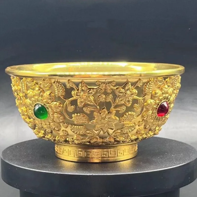 

Rare Gemstone Gold Bowl Antique Bronze Gilded Flower Blooming Wealth Copper Bowl Ornament Qing Dynasty Qianlong Year Made Bowl W