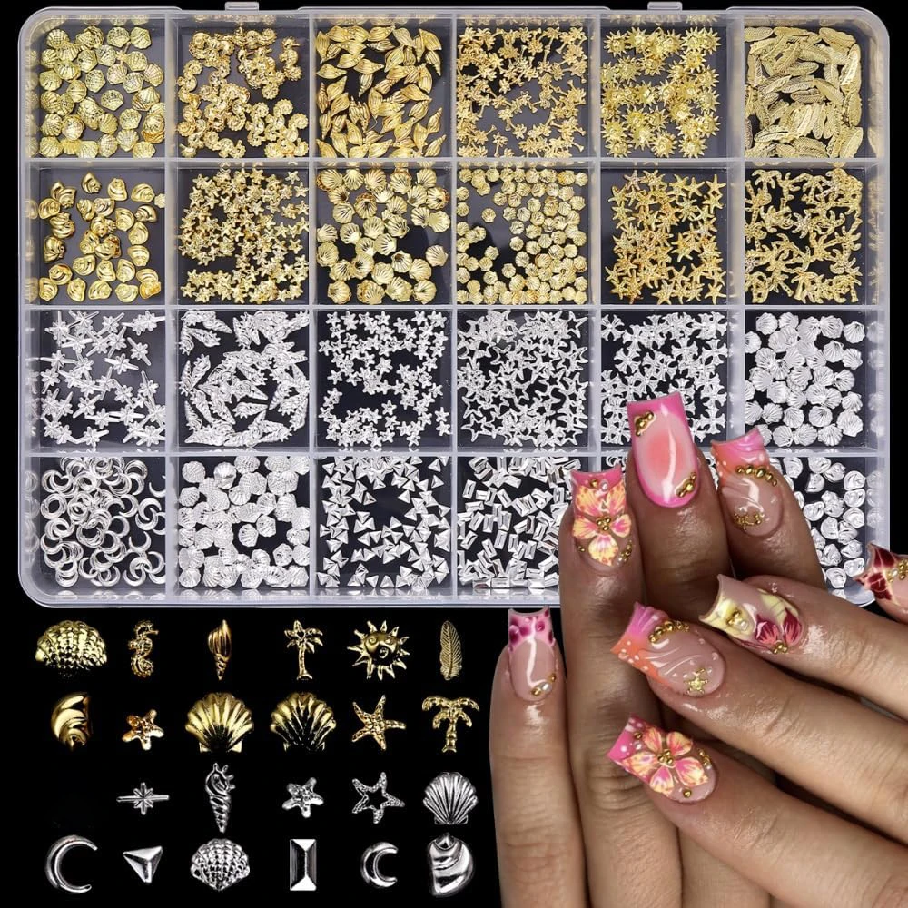 24 Grids/Box Gold Silver Aolly Nail Charms 3D Moon Star Nail Gems Metal Ocean Beach Starfish Seashel Leaf Nail Art DIY Supplies