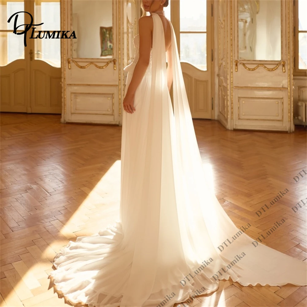 DTLumika Scarf Neck Two Pieces Wedding Dresses with Off the Shoulder Long Sleeves and Court Train Women's Customized Bridal Gown