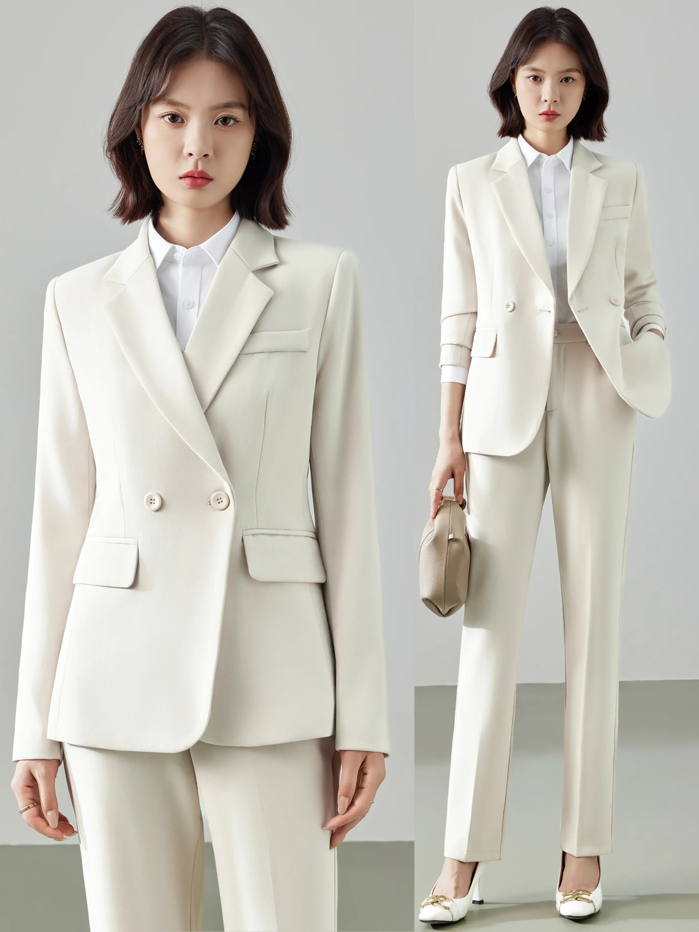 Women's Royal Blue Suit Set Professional Career Interview Outfit Fitted Waist Design Long Sleeve Polyester Fiber Anti-Wrinkle