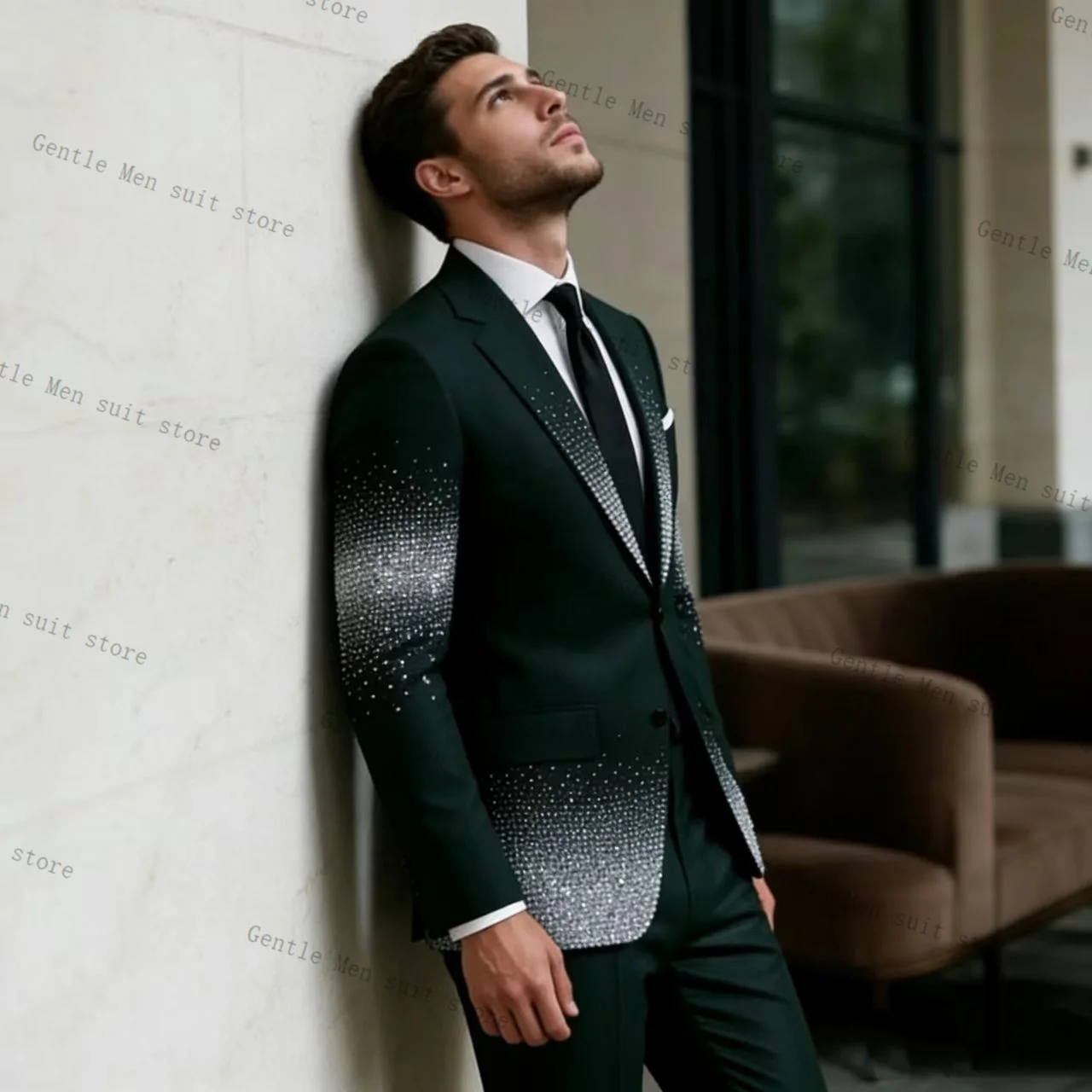 

Crystals Groom Green Men Suit Set 2 Pcs Blazer+Pants Trousers Wedding Tuxedo Formal Office Business Jacket Coat Customized