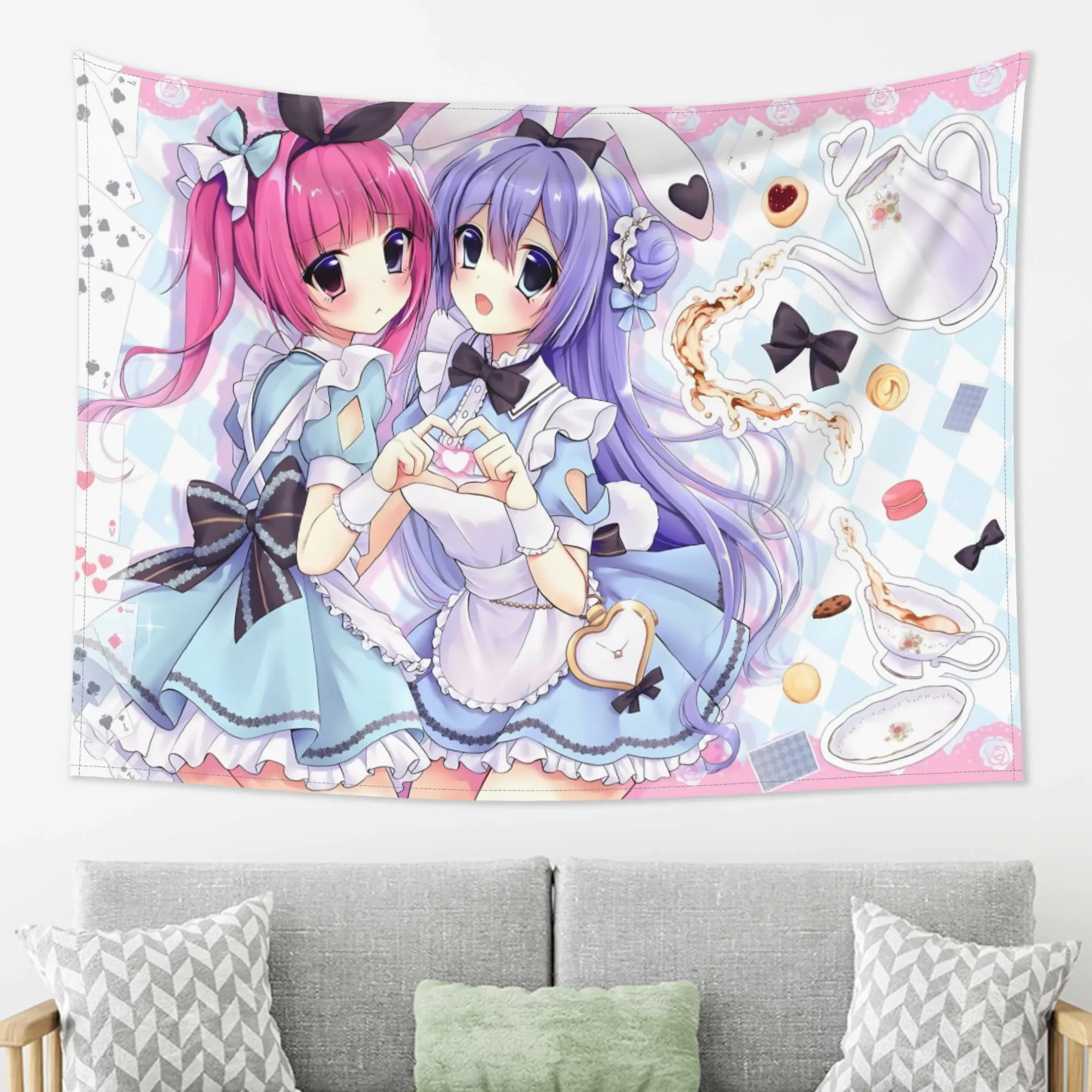 1pc Pink Purple Double Girl Tapestry, Wall Hanging for Living Room Sofa Background Decoration, Ideal Holiday Gift