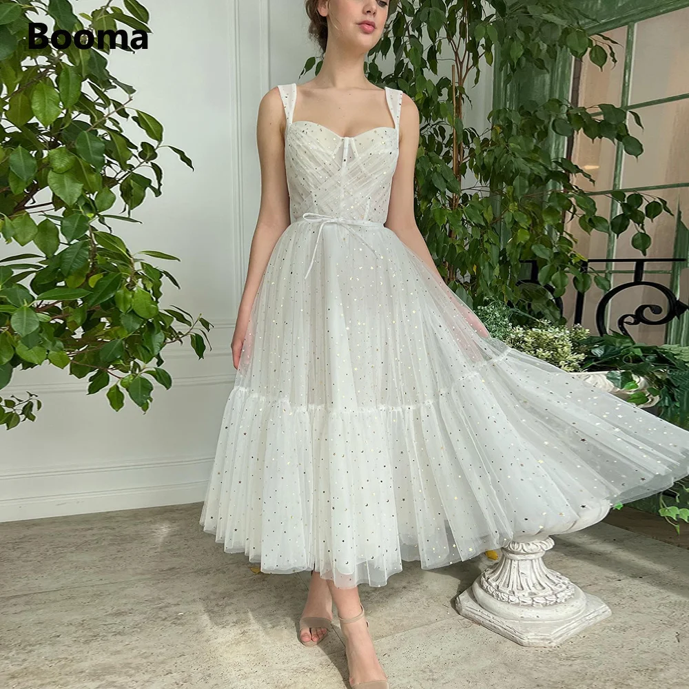 

Booma 2022 Sparkly Starry Tulle Midi Prom Dresses Sweetheart Sequined A-Line Wedding Party Dresses Tea-Length Tiered Prom Gowns